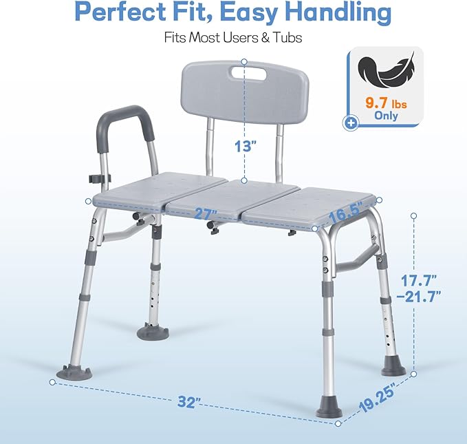 500lb Heavy Duty Shower Bench, Tool-Free Tub Transfer Bench with Arms & Back, Height Adjustable Handicap Shower Seat, Non-Slip Bath Safety Chair for Elderly & Surgery-Gray