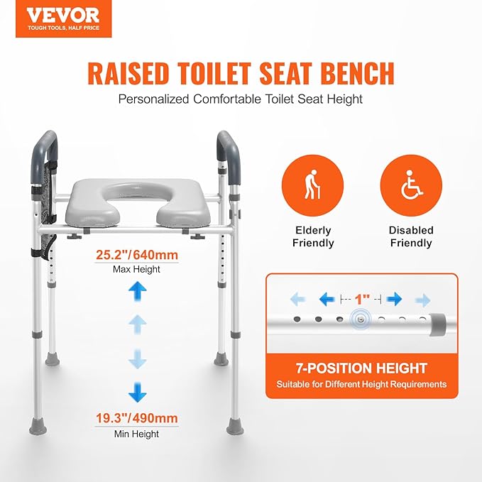 VEVOR Raised Toilet Seat, 7-Position Height Adjustment 19.3" - 25.2", 350lbs Weight Capacity, with Comfort Padded Aluminum Frame, Universal Toilet Seat Riser, for Elderly, Handicap, Pregnant, Medical