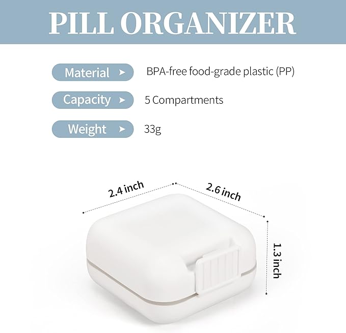 Dynippy Daily Pill Organizer 5 Compartments Portable Moisture Proof Small Pill Case for Pocket Purse Travel Pill Box Portable Medicine Vitamin Fish Oil Holder Container (White)