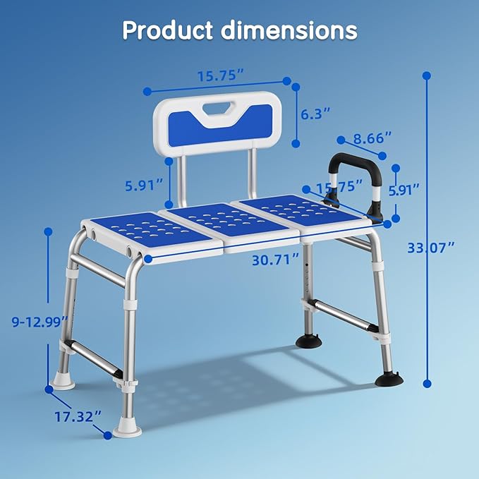 Bathtub Transfer Bench Shower Chair for Inside Tub Heavy-Duty Adjustable Width & Height Handicap Bath Chair with Extended Shower Seat and Reversible Backrest for Seniors, Elderly & Disabled