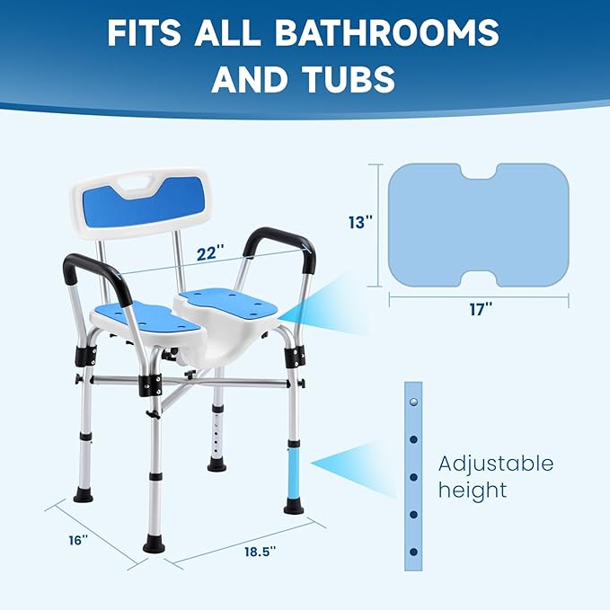 U-Shaped Shower Chair for Inside Shower, 600lbs Heavy Duty Shower Chair for Elderly and Disabled, Shower Chair with Arms and Back, Height Adjustable Bath Chairs for Seniors