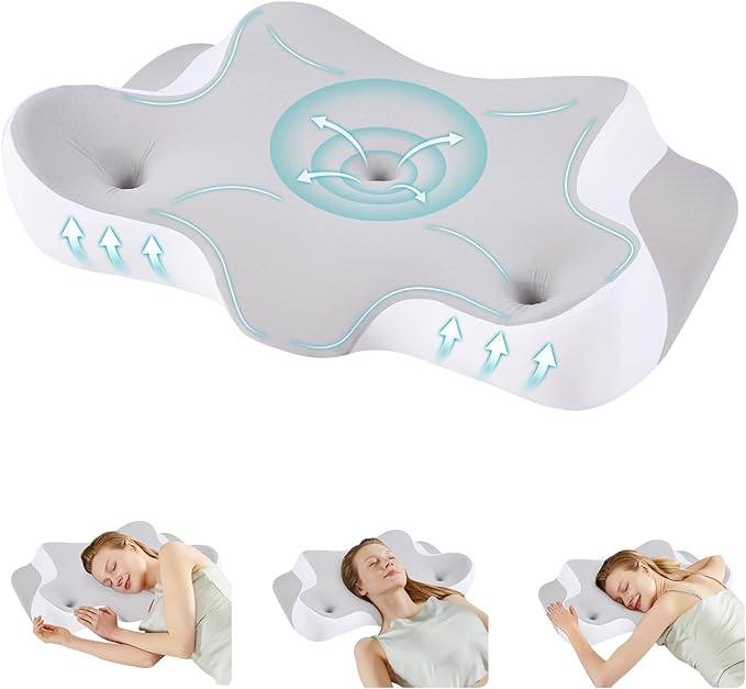 DUMOS Cervical Neck Pillow for Sleeping, Cooling Ergonomic Memory Foam Pillow with Arm Rest Slot and Ice Silk Pillowcase, Dual Height Orthopedic Support Contour for Side, Back, Stomach Sleepers