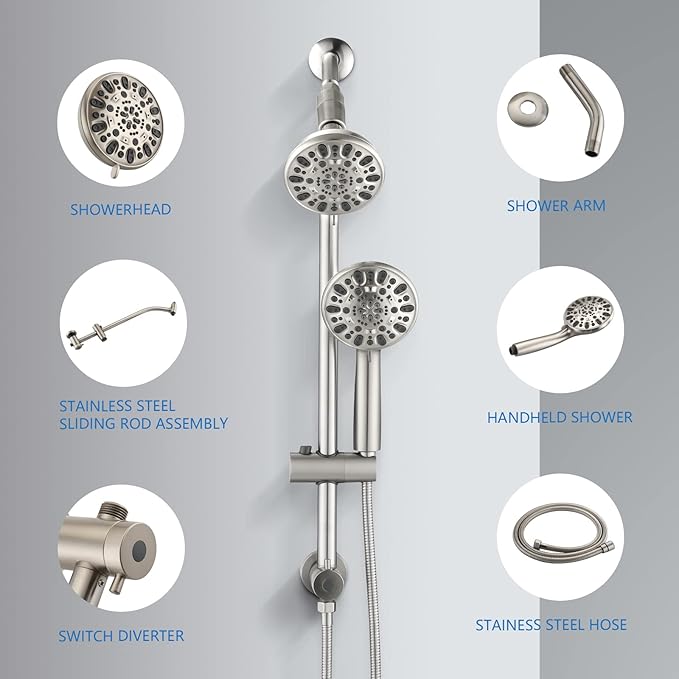 High Pressure 48-Settings Shower Head with Handheld Shower,Drill-Free 3-Way Diverter for Easy Reach,Adjustable Height Slide Bar Dual Shower Head Combo Set - Brushed Nickel