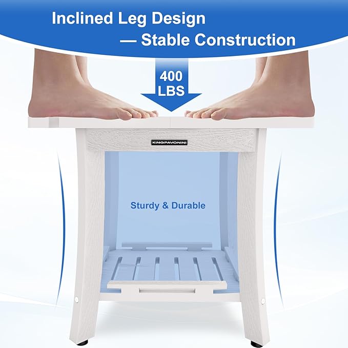 KingPavonini HDPS Shower Benches for Inside Shower to Sit on, Waterproof Shower Stool for Shaving Legs, 400LBS Shower Seat with Storage Shelf, Shower Chair for Inside Shower