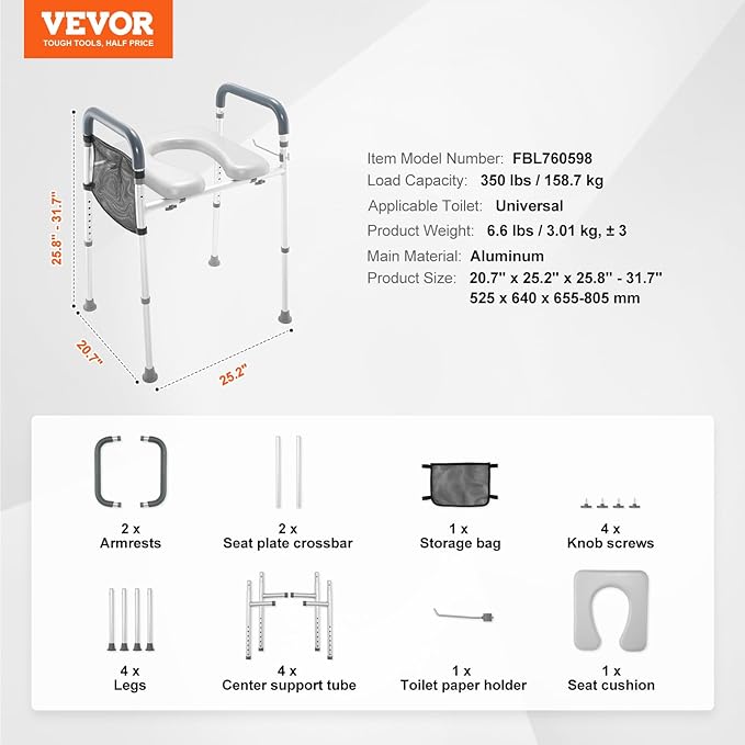 VEVOR Raised Toilet Seat, 7-Position Height Adjustment 19.3" - 25.2", 350lbs Weight Capacity, with Comfort Padded Aluminum Frame, Universal Toilet Seat Riser, for Elderly, Handicap, Pregnant, Medical