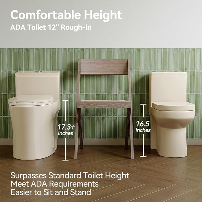 HOROW T0338WBC Elongated One Piece Toilet Bisque, ADA Toilet 17.3" with Comfortable Chair Height Seat, Modern Toilet for Bathroom, Dual Flush 0.8/1.28 GPF, 12" Rough-in Toilet Bowl Bisque