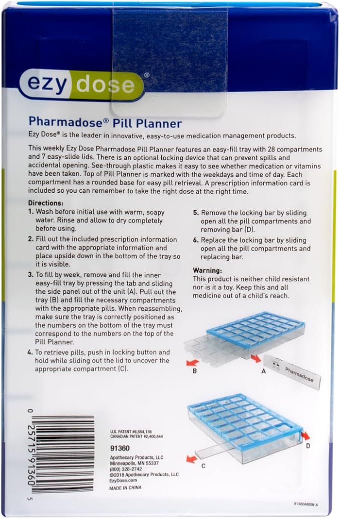 EZY DOSE Weekly AM/PM (7-Day) Daily Pharmadose Pill Planner, Medicine Case, Vitamin and Supplement Organizer, Medium Easy Fill Compartments, 4 Times a Day, 28 Compartments, Green, BPA Free
