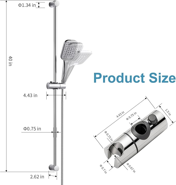 OFFO Shower Slide Bar Combo, Adjustable 39 in Slide Bar with 3-Mode Square Handheld Shower Head and 60 in Stainless Steel Hose, Screw Wall Mounted, Chrome Finish