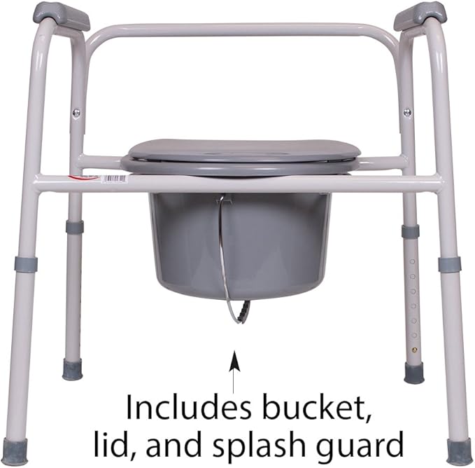 Carex 3-in-1 Folding Bedside Commode and Raised Toilet Seat, Portable Toilet Supports Up to 300lbs, Bedside Commodes for Seniors, Adult Potty Chair with Bucket, Lid, and Splash Guard