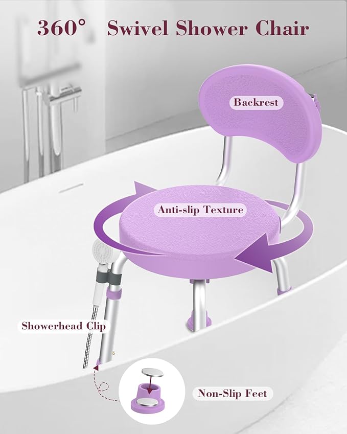 Swivel Shower Chair, 360° Non-Slip Shower Seat with Backrest for Elderly and Disabled, Height Adjustable Rotating Tub Bench for Seniors Bathroom Inside Shower with Compact Frame (Purple)