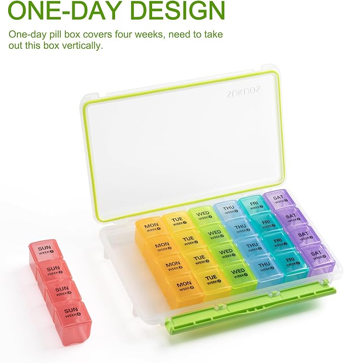 Sukuos Monthly Pill Organizer 28 Day, Large Moisture-Resistant Pill Box Cases with Dust-Proof Box and Clear Lid for Vitamin/Fish Oil/Supplements, Easy to Open and Clean