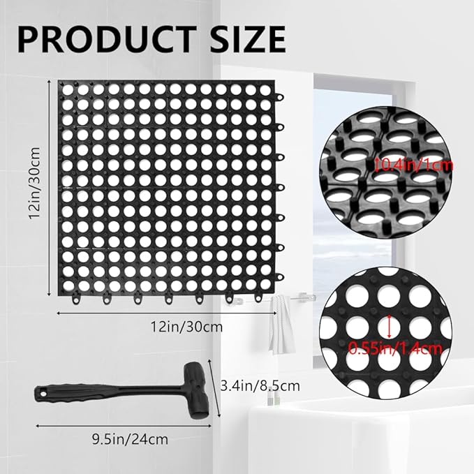 30 Pack Drainage Interlocking Tiles, 12”x12” Modular Interlocking Floor Tiles with 1 Pc Plastic Hammer Non Slip Rubber Floor mat with Holes for Pool Bathroom Deck Kitchen Patio