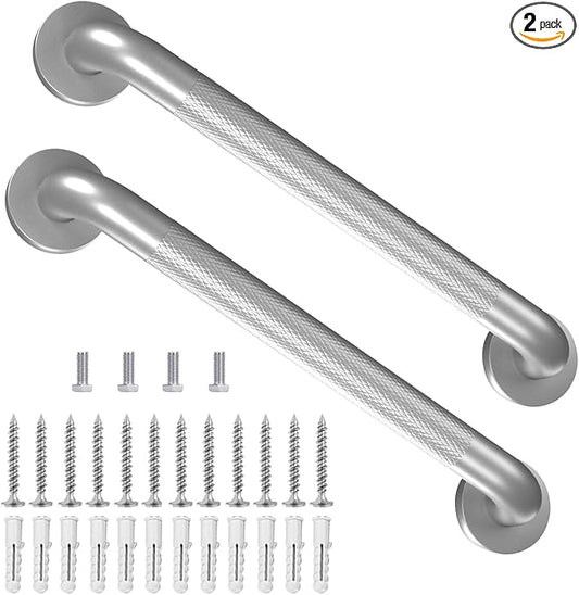 Metal Industrial Stairs Grab Wall Handrail Staircase Steps Indoor Exterior Outdoor Deck Hand Rail Safety Grab Bar Handle for Stairs Bars Wall Elderly Grab Frame Pipe (12 Inch 2 Pack Anti-Slip Silver)