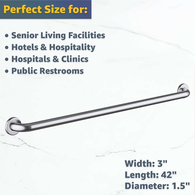 42" Stainless Steel Grab Bar for Bathroom - Wall Mounted Safety Handrail with Satin Finish, 250 lb Support for Toilet, Shower, Restroom, Elderly, Commercial & Home Use