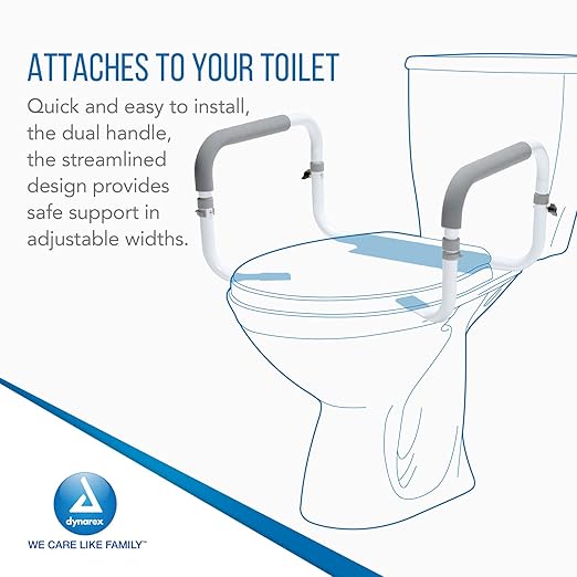 Dynarex Toilet Safety Rail, Attaches to Your Toilet to Provide Safe Support for Sitting and Standing with Padded Arms, Adjustable Width & Weight Capacity of 300 pounds, White, 1 Toilet Safety Rail