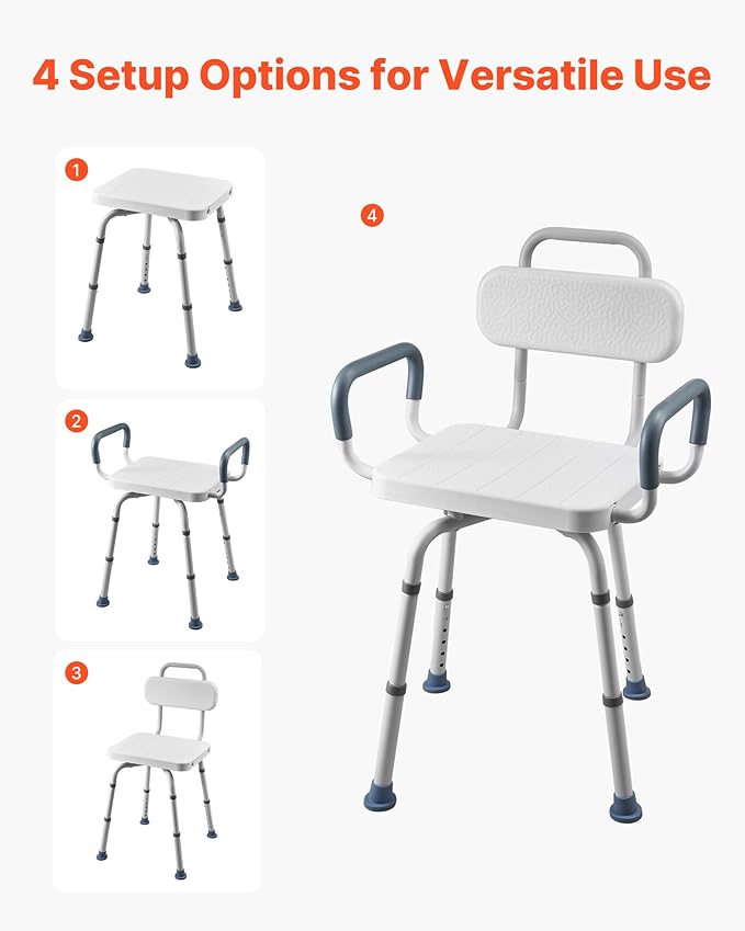 VEVOR Swivel Shower Chair with Arms and Back, 400 lbs Heavy Duty Bench Seat for Inside Shower Stall and Bathtub, Height Adjustable Bathroom Bath Tub Seat for Adults, Seniors, Elderly and Disabled