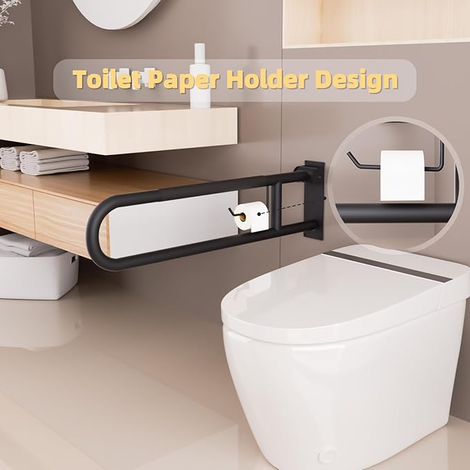 30 Inch Toilet Grab Bar, Matte Black Fold Down Grab Bar with Paper Holder, Knurled Anti-Slip Grab Bars for Toilet, Stainless Steel Handrails Toilet for Seniors Disabled Elderly Pregnant