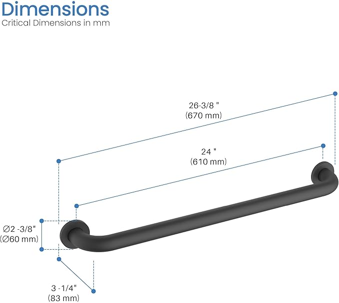 KIBI 24 Inch Curved Grab Bar for Bathroom Safety – Stainless Steel Anti-Slip Wall Mounted Support Rail for Showers, Tubs & Toilets, Senior Balance Aid with Durable Matte Black Finish