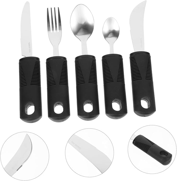 Adaptive Utensils 5-Piece Set - Weighted Utensils for Hand Tremors, Elderly, Stainless Steel Fork, Knife, Spoon Silverware Set