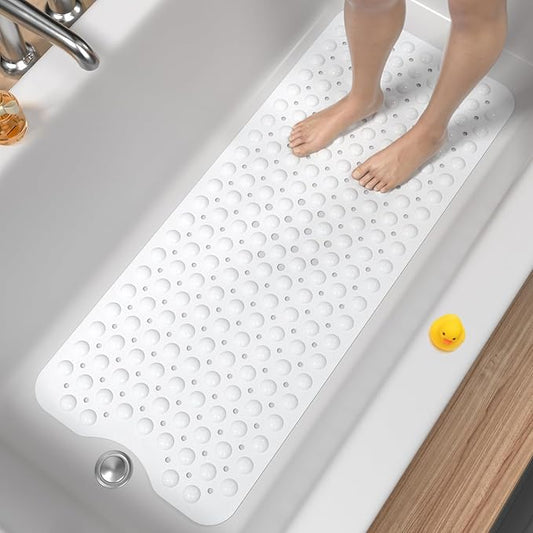 HITSLAM Bath Mat for Tub, Non Slip Bathtub Mat, 40 x 16 Inch Extra Long Bath Tub Mat, Machine Washable Bathroom Shower Mat with Suction Cups and Drain Holes, Soft on Feet, White