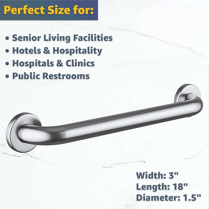 18" Stainless Steel Grab Bar for Bathroom - Wall Mounted Safety Rail with Satin Finish, 250 lb Capacity, Support Handle for Elderly, Toilet, Shower, Restroom, Home & Commercial Use