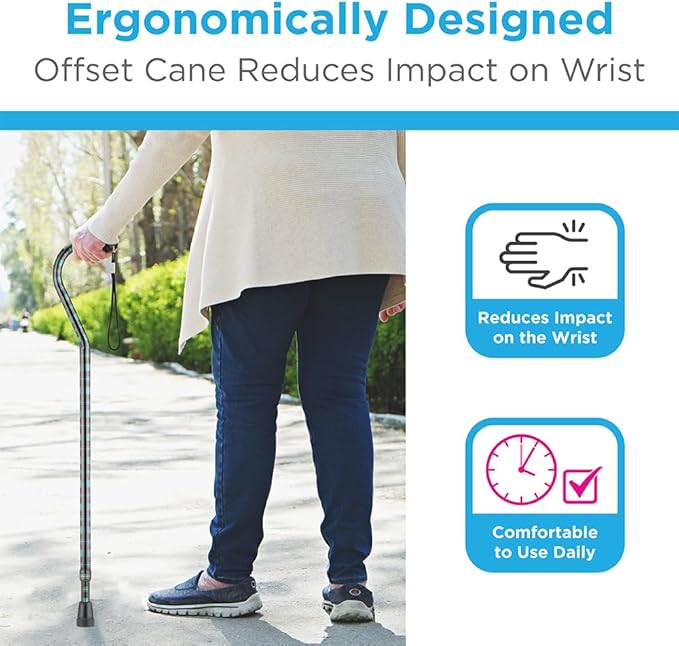 NOVA Offset Walking Cane for Seniors, Men & Women – Lightweight Adjustable Walking Cane with Soft Foam Grip, Wrist Strap, Anti-Rattle Lock & Non-Slip Tip – Stylish Mobility Aid