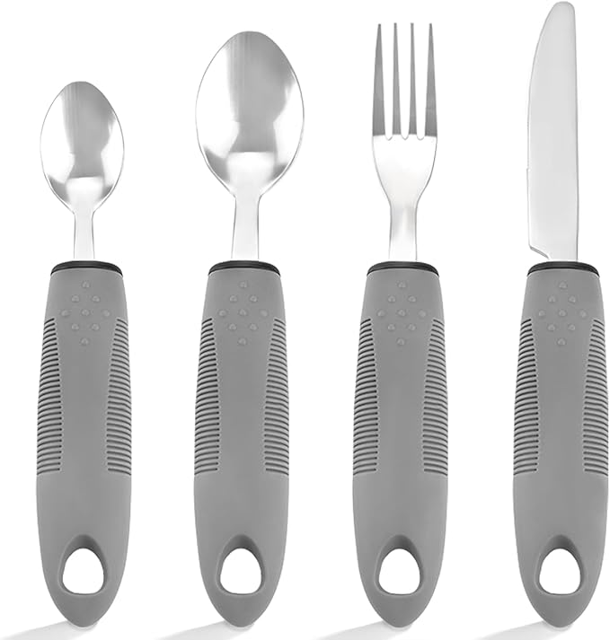 Adaptive Utensils Set for Elderly & Arthritis - 4Pcs Lightweight Stainless Steel Silverware for Weak Hand Grip, Tremors and Handicapped