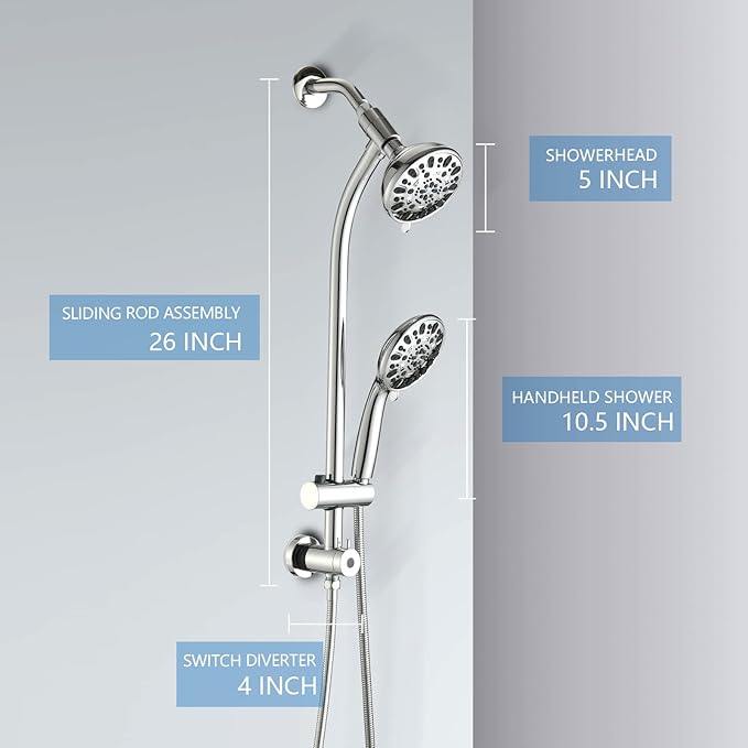 High Pressure 48-Settings Shower Head with Handheld Shower,Drill-Free 3-Way Diverter for Easy Reach,Adjustable Height Slide Bar Dual Shower Head Combo Set - Chrome
