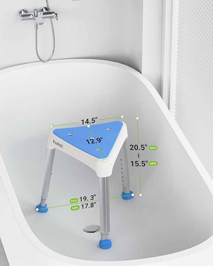 FULLOT Space-Saving Triangular Shower Chair for Elderly and Disabled, 400 lbs Adjustable Shower Stool Seat with Stable-Bracing, Non-Slip Bathtub Chair, Tool-Free Assembly, Blue With Eva Pad