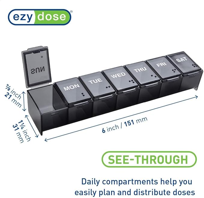 EZY DOSE Weekly (7-Day) Daily Pill Case, Medicine Planner, Vitamin Organizer, Supplement Container, Convenient and Easy to Use, Large Compartments, Travel Friendly, Black, Made in the USA, BPA Free