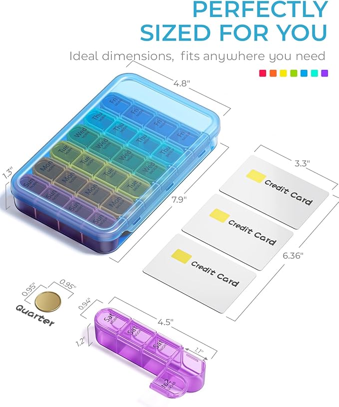 Odaro Weekly Pill Organizer 4 Times a Day, Daily Pill Box 7 Day, Large Travel Pill Case with 28 Compartment to Hold Medicine, Vitamin and Supplement - Blue Case