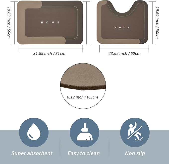 Housego 2PCS Absorbent Bath Mat Magic Rug Sets, Quick Drying Bath Mat Non-Slip Floor Rug Rubber Backed for Bathroom Kitchen Shower Sink, Water Absorbent (19.7''x23.6''+19.7''x31.9'', Brown)