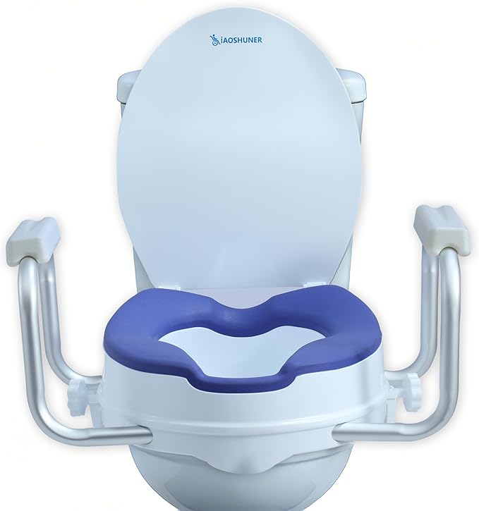 Raised Toilet Seat with Handles - Adds 5 Inch - Toilet Seat Risers for Seniors with Cushion - Supports 300 lbs - for 16'' Standard/Round Toilet - Includes Lid, Elevated Toilet Seat, Blue