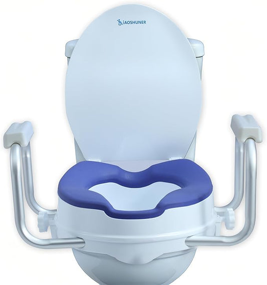 Raised Toilet Seat with Handles - Adds 5 Inch - Toilet Seat Risers for Seniors with Cushion - Supports 300 lbs - for 16'' Standard/Round Toilet - Includes Lid, Elevated Toilet Seat, Blue