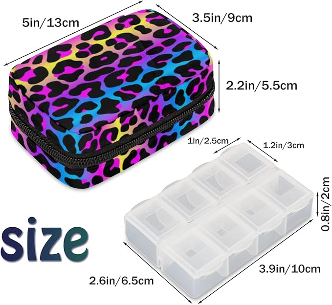 Rainbow Leopard Cheetah Skin Pill Organizer - 7 Day Weekly Medicine Box, Compact Size, Vitamin Container, Portable Pill Holder Bag with Zipper