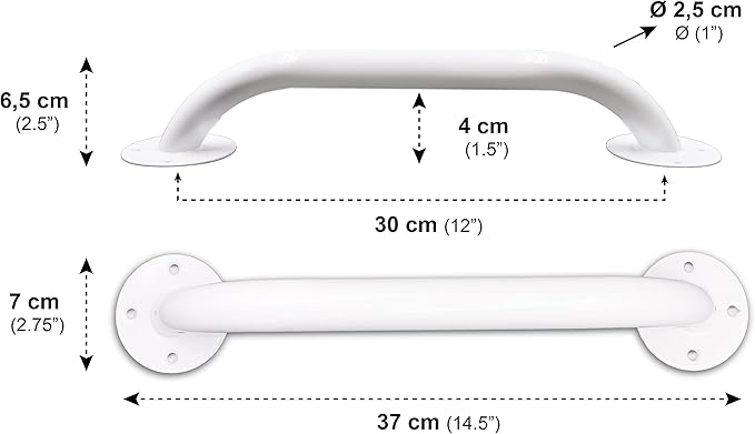PEPE Mobility Grab Bars for Bathtubs and Showers 12 Inch (x2 Units) Shower Handle Toilet Handicap Elderly Senior Assist Bathroom Saft Handle Epoxy Steel, White