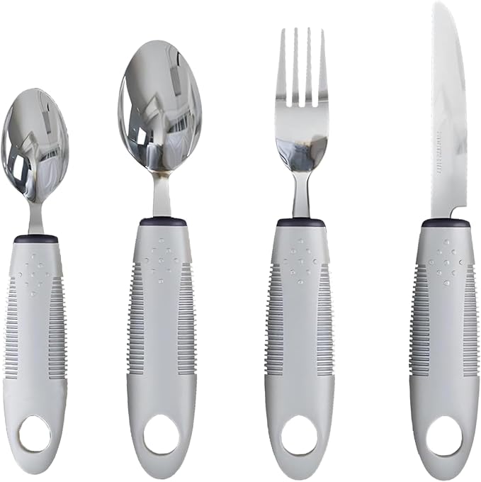 Adaptive Utensils 4-Piece Set – Weighted Utensils for Parkinson’s & Hand Tremors, Built-Up Non-Slip Handles, Arthritis Silverware for Elderly & Seniors, Stainless Steel Flatware