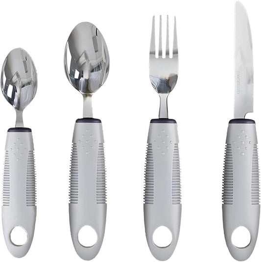Adaptive Utensils 4-Piece Set – Weighted Utensils for Parkinson’s & Hand Tremors, Built-Up Non-Slip Handles, Arthritis Silverware for Elderly & Seniors, Stainless Steel Flatware