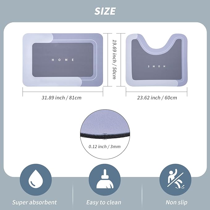 Housego 2PCS Absorbent Bath Mat Magic Rug Sets, Quick Drying Bath Mat Non-Slip Floor Rug Rubber Backed for Bathroom Kitchen Shower Sink, Water Absorbent (19.7''x23.6''+19.7''x31.9'', Blue)