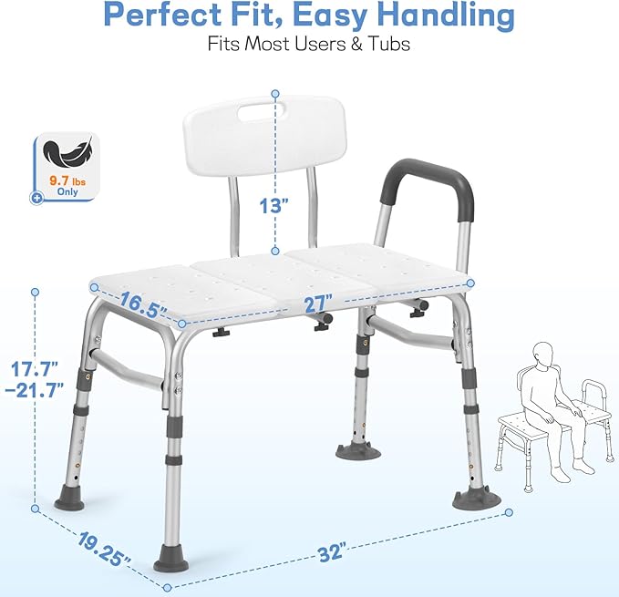 500lb Heavy Duty Shower Bench, Tool-Free Tub Transfer Bench with Arms & Back, Height Adjustable Handicap Shower Seat, Non-Slip Bath Safety Chair for Elderly & Surgery Recovery