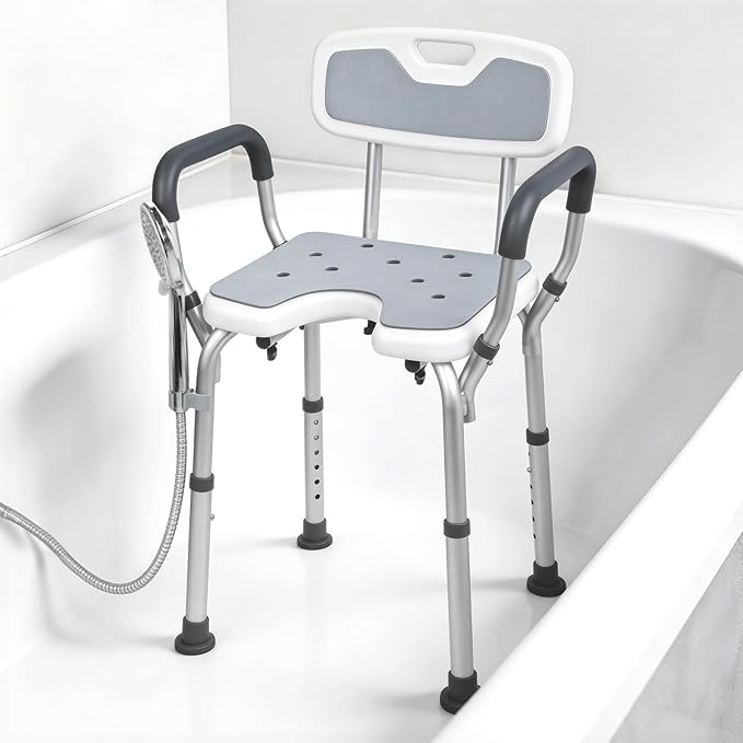 Shower Chair with Arms and Back, 330lbs Heavy Duty Bath Seat with U-Shaped Cutout, 21" Extra Wide Adjustable Shower Stool with 2 EVA Pads and Shower Head Holder, Tool-Free Assembly