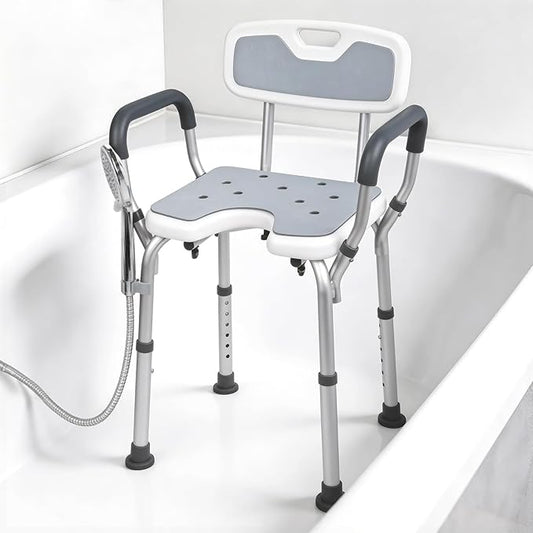 Shower Chair with Arms and Back, 330lbs Heavy Duty Bath Seat with U-Shaped Cutout, 21" Extra Wide Adjustable Shower Stool with 2 EVA Pads and Shower Head Holder, Tool-Free Assembly