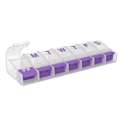 EZY DOSE Weekly (7-Day) Pill Case, Medicine Planner, Vitamin Organizer Box, Medium Push-Button Compartments, Convenient and Easy to Use, Color May Vary, BPA Free