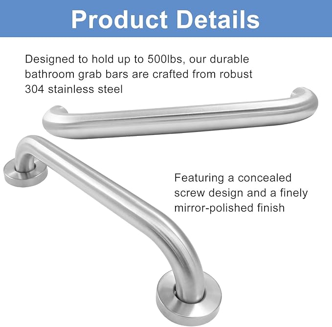 2 Pack Silver Safety Grab Bar, Stainless Steel Bathroom Grab Bar Shower Bath Handle, Handicap Hand-Rail Support for Bathroom Bathtub Toilet for Elderly Seniors