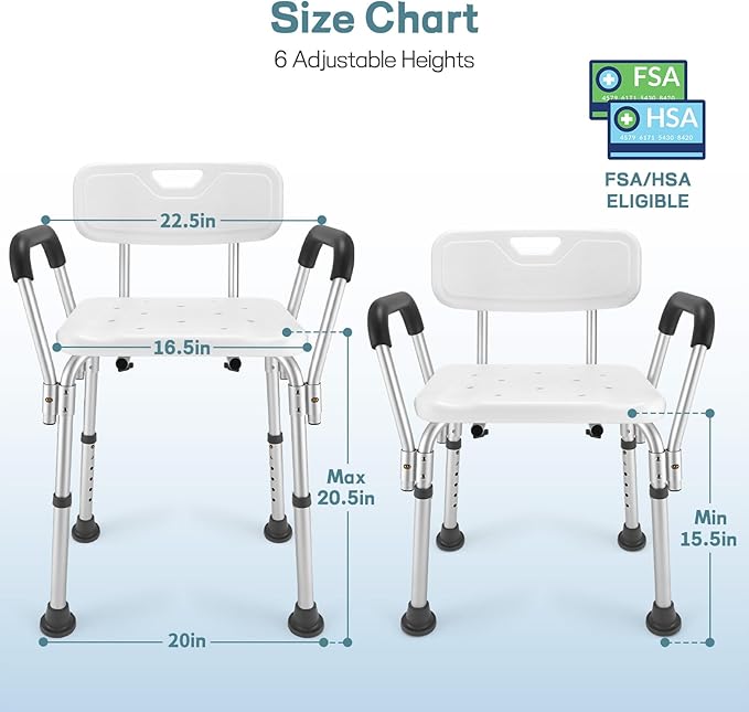 TABEKE Shower Chair for Inside Shower, Shower Chair with Backrest & Armrest, Anti-Slip Feet, Height Adjustable Shower Bench, Shower Seat for Elderly and Disabled-400lb