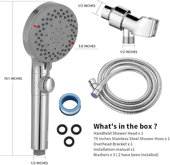 DOILIESE Handheld Shower Head with 79" Extra Long Hose 7 Modes High Pressure Shower Head with On Off Switch Button and Powerful Wash Modes for Pets Bath, Chrome