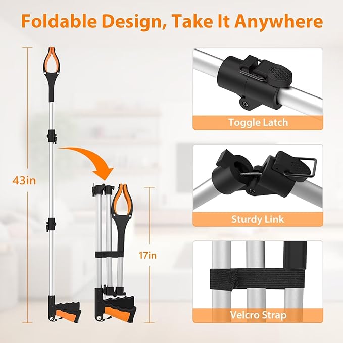 2-Pack 43" Extra Long Grabber Reacher Tool, Foldable Reacher Grabber Pickup Tool with 360° Rotating Jaw + Magnets, 4" Wide Claw Trash Picker Upper Grabber, Grabbers for Seniors Heavy Duty