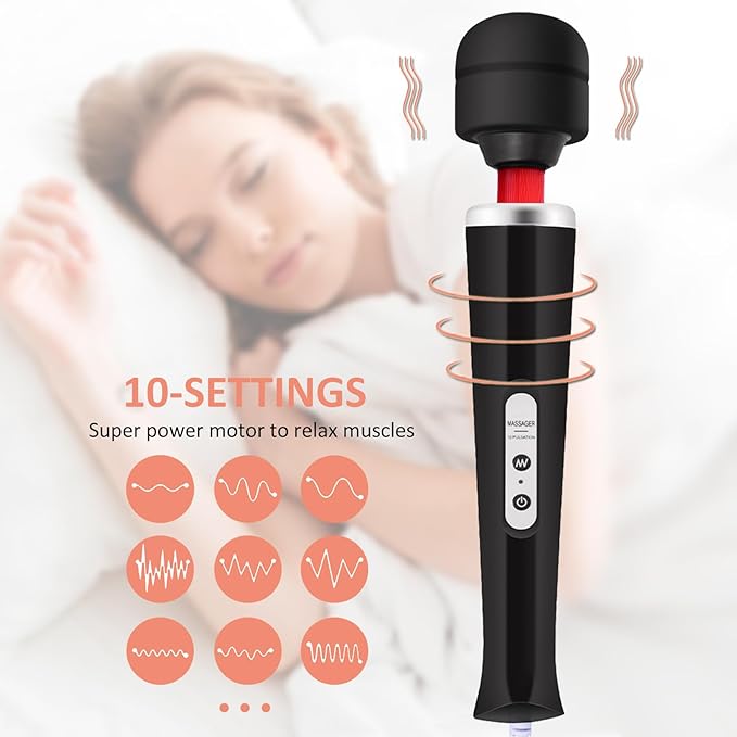 Electric Wand Massager - Powerful Handheld Back Massager with 10 Rhythmical Speeds, Wired Deep Tissue Vibrating Massager for Muscle Aches, Neck, Shoulder & Foot Relief - Black