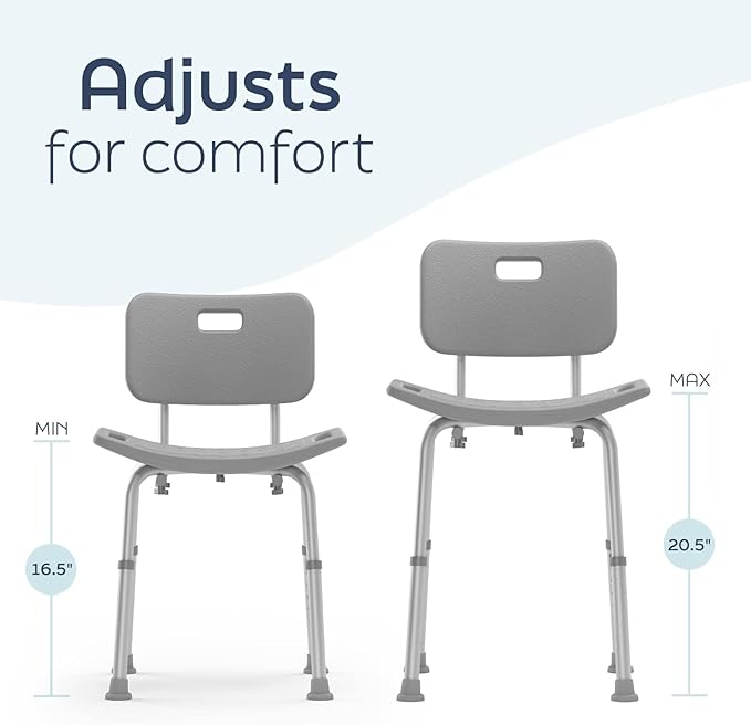Dr. Dunley Bath Chair for Seniors, Shower Seat with Back, Suction Feet, Non-Slip Adjustable Height Shower Bench for Elderly, Disabled, 400 lb Weight Capacity, Gray Bathroom Stool for Tub or Shower