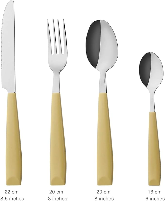 ANNOVA Silverware Set Stainless Steel Colorful Handle Tableware Kitchen Flatware Set Utensils, Includes Dinner Knives, Forks, Spoons, Salad Forks & Dessert Spoons (Yellow, 16 Pieces)
